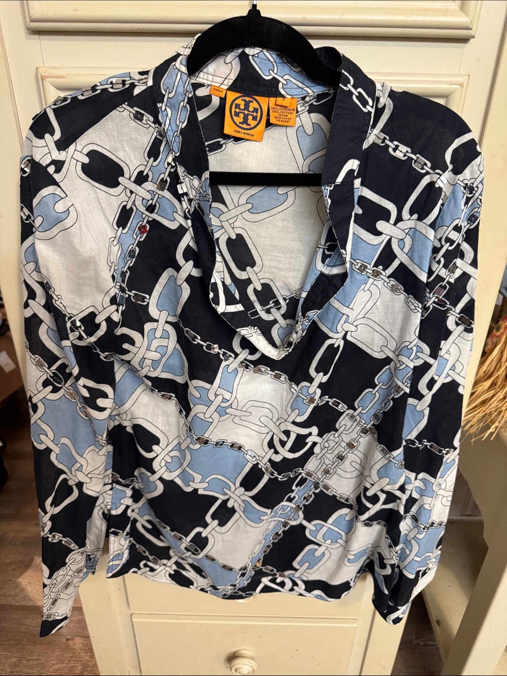 Tory Burch Black, Light Blue & White Chain-Print Button-Down Shirt Women’s